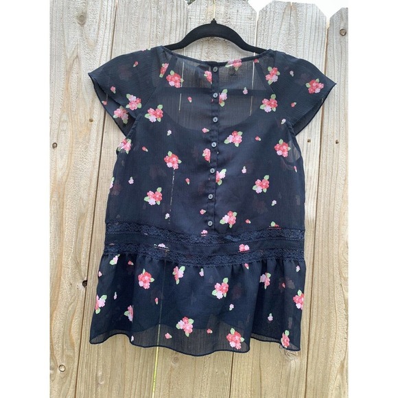 Abercrombie & Fitch Fluttery Floral Airy Short Sleeve Blouse Shirt Xs Navy - Picture 8 of 8